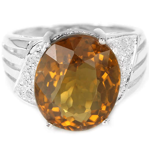NATURAL AAA COGNAC QUARTZ 13X11 MM. OVAL & WHITE CZ STERLING 925 SILVER RING 6.5