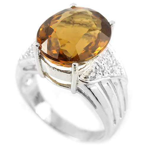 NATURAL AAA COGNAC QUARTZ 13X11 MM. OVAL & WHITE CZ STERLING 925 SILVER RING 6.5