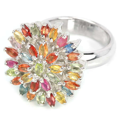 GENUINE AAA MULTI COLOR SAPPHIRE & RUBY MARQUISE STERLING 925 SILVER RING 6.75