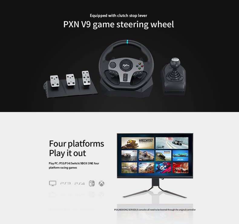 PXN V9 Gaming Steering Wheel 270-900 degree with 3 Pedals and Gear Shifter