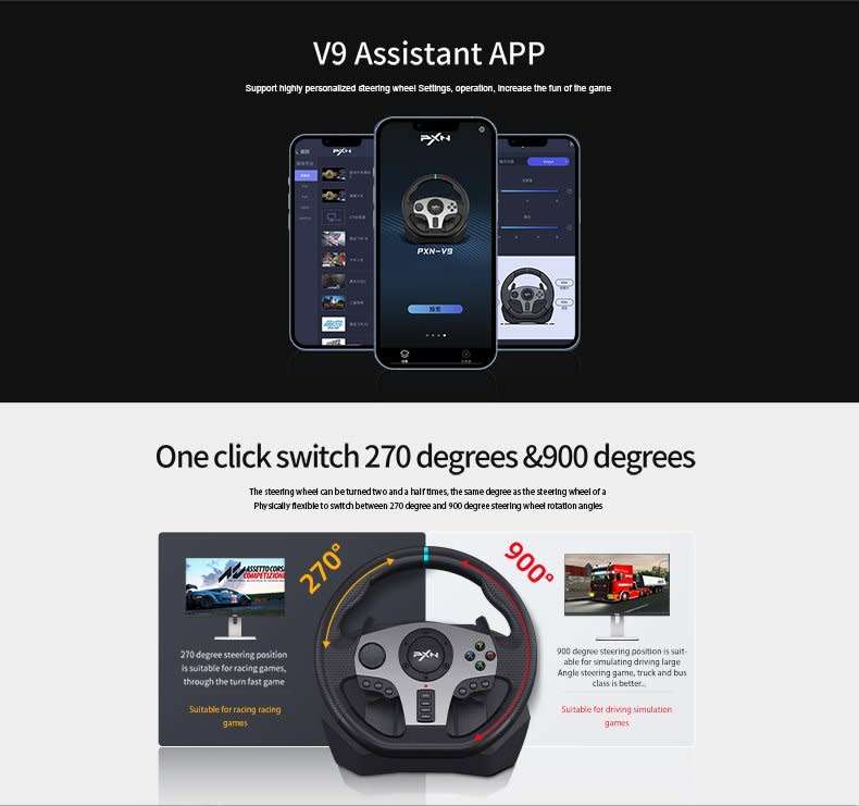 PXN V9 Gaming Steering Wheel 270-900 degree with 3 Pedals and Gear Shifter