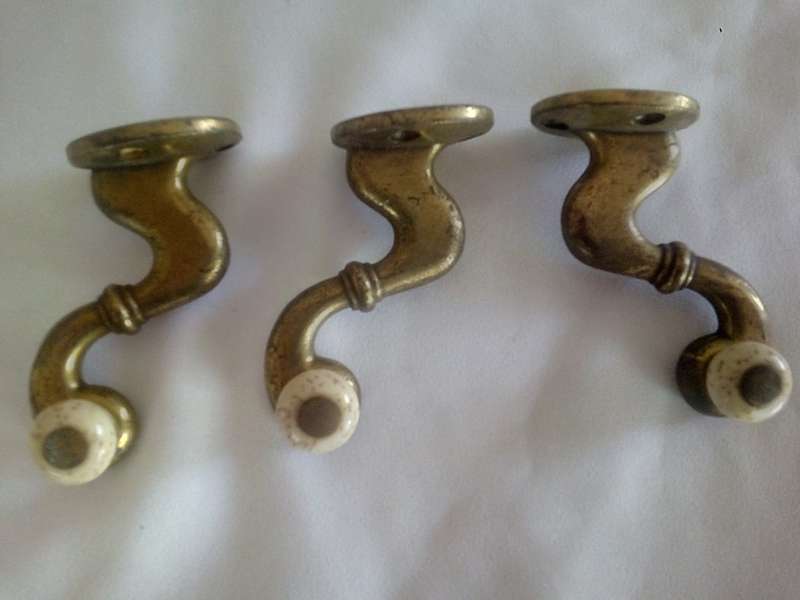 Set of 3 Vintage Brass/Porcelain Coat Hooks