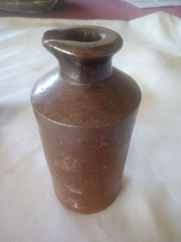 Antique Oven Baked Clay Small Ink Bottle Glazed