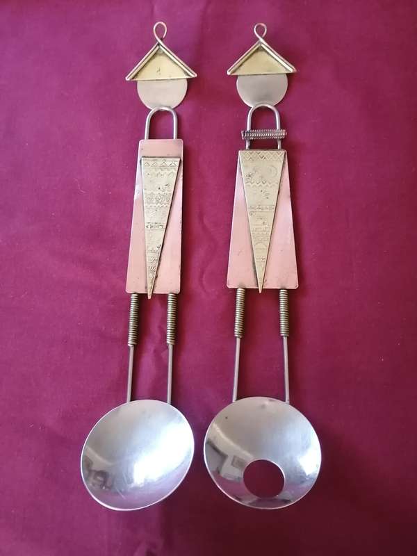 Pair of Wall Hanging Ethnic Brass  and Stainless Steel Spoons