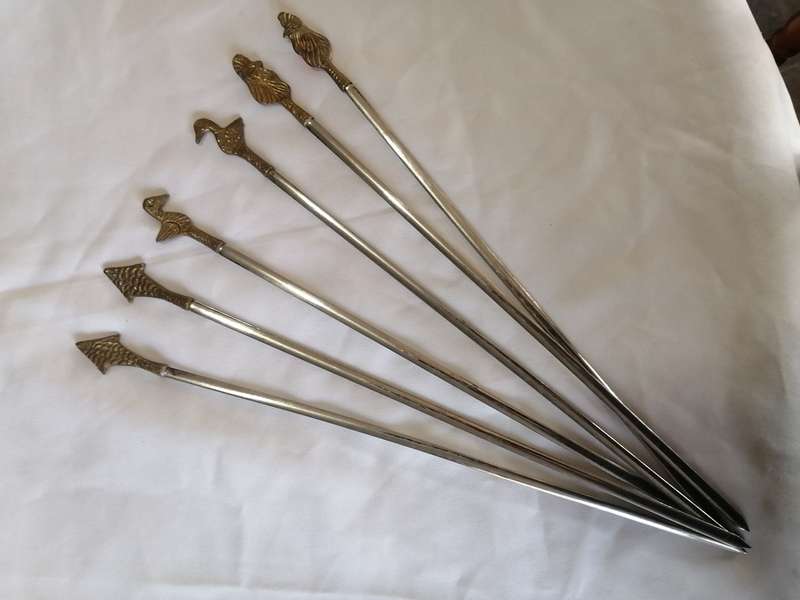 Vintage Set of 6 Brass and Stainless Steel Kebab Skewers