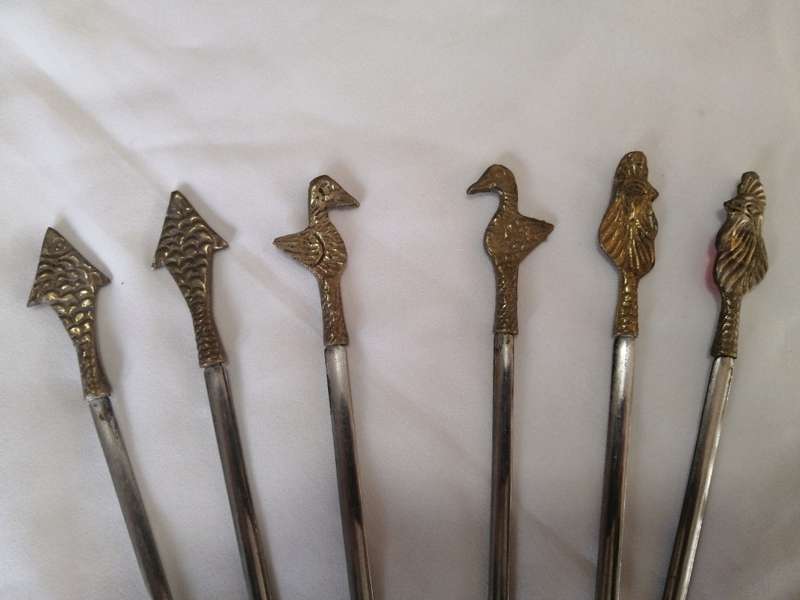 Vintage Set of 6 Brass and Stainless Steel Kebab Skewers