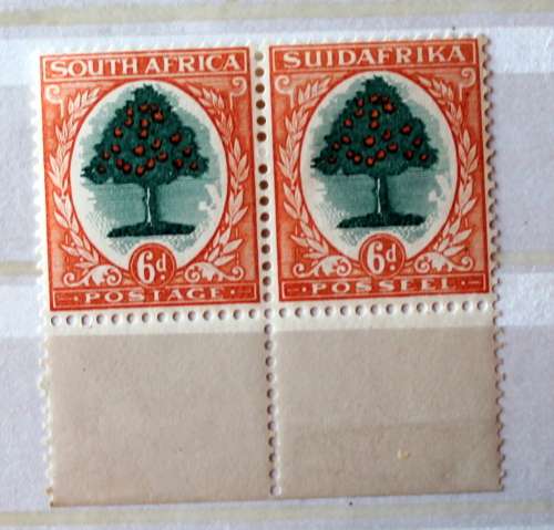 Union of SA. Pretoria Roto 6d marginal pair UM inverted watermark and missing perf