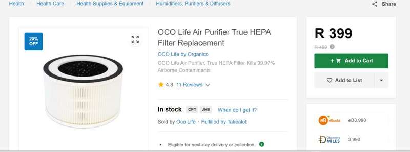 Heartdeco/Oco Life air purifier with new/unused spare filter