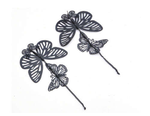 Pretty And Unique Big Black Three Layer Butterfly Tassel Hollow Earring