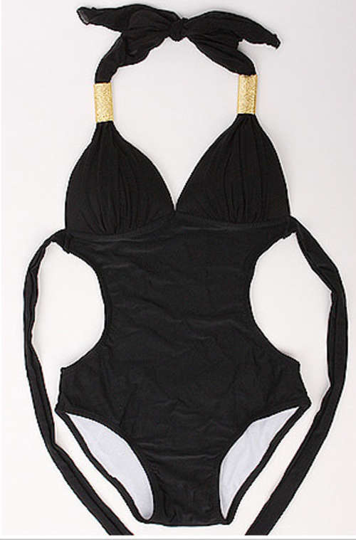 Sexy Black One Piece Halter Padded Monokini Swimsuit - Size Large