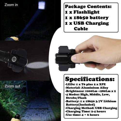 LED Torch Flashlight With 3Heads. Portable, Rechargeable, Zoomable. Novelty Unit. Collection Allowed
