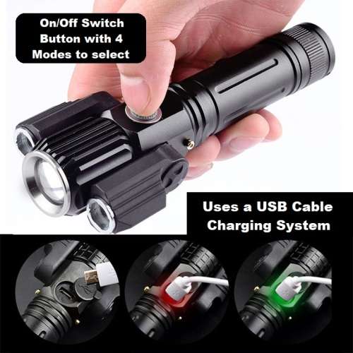 LED Torch Flashlight With 3Heads. Portable, Rechargeable, Zoomable. Novelty Unit. Collection Allowed