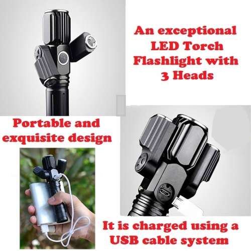 LED Torch Flashlight With 3Heads. Portable, Rechargeable, Zoomable. Novelty Unit. Collection Allowed