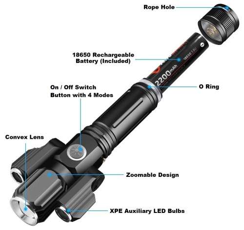 LED Torch Flashlight With 3Heads. Portable, Rechargeable, Zoomable. Novelty Unit. Collection Allowed
