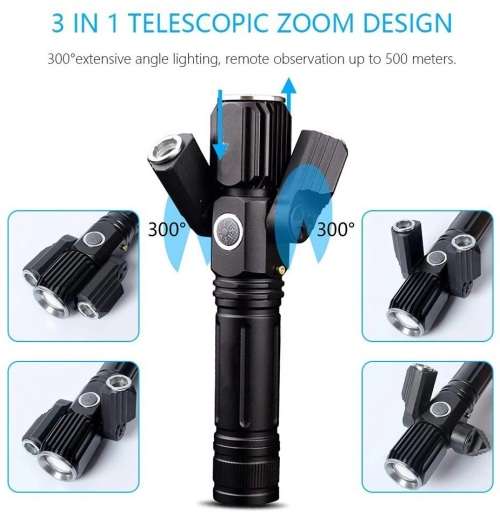 LED Torch Flashlight With 3Heads. Portable, Rechargeable, Zoomable. Novelty Unit. Collection Allowed