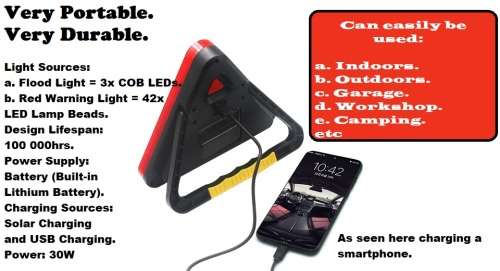 Solar LED MultiFunction Work Flood Light Red LED Emergency Warning Triangle. Collections are allowed
