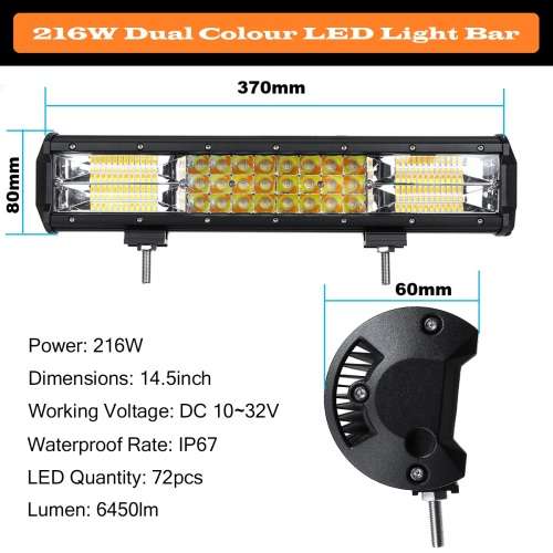 Dual Colour Amber/Cool White Vehicle 216W LED Light Bar. 5 Modes With Flashing. Collections Allowed.