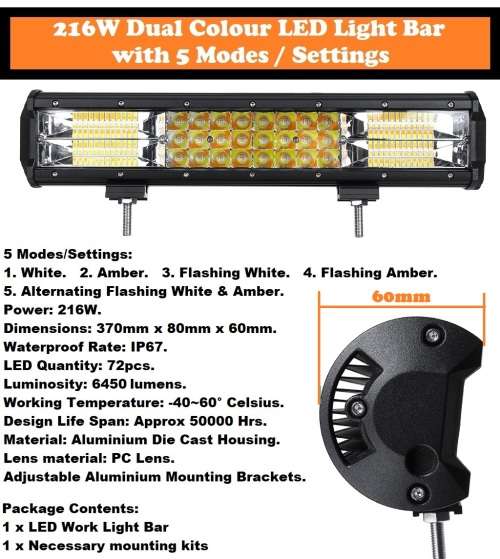 Dual Colour Amber/Cool White Vehicle 216W LED Light Bar. 5 Modes With Flashing. Collections Allowed.