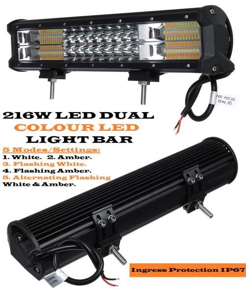 Dual Colour Amber/Cool White Vehicle 216W LED Light Bar. 5 Modes With Flashing. Collections Allowed.