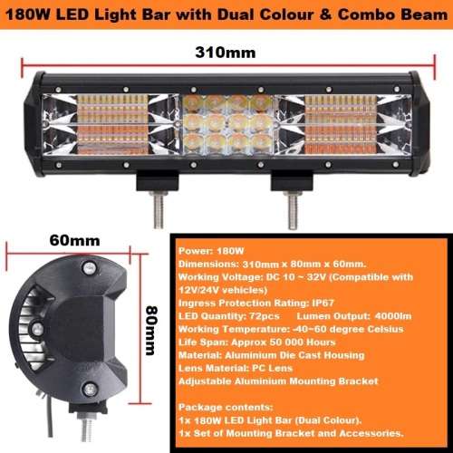 180W Dual Colour Cool White/Amber Vehicle LED Light Bar. 5 Modes With Flashing. Collections Allowed.
