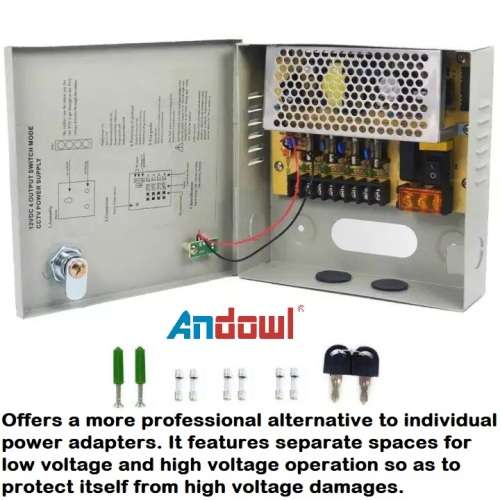 Power Supply Box with 4 Port Channels, Fuses, 10A and AC 110-220V to DC 12V. Collections are allowed
