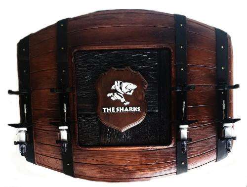 The Sharks Rugby Flat Barrel Liquor Dispensers with 4 Sets of Optics. Brand New. Collections Allowed