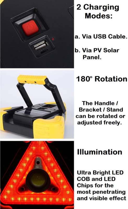Solar LED MultiFunction Work Flood Light Red LED Emergency Warning Triangle. Collections Are Allowed