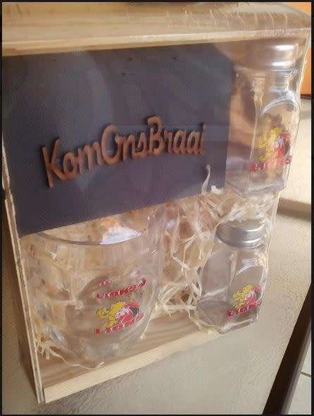 Lions Rugby Glass Beer Mug + Glass Salt & Pepper Gift Pack in a Wooden Crate. Collections Allowed