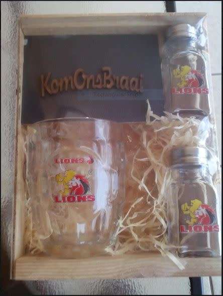 Lions Rugby Glass Beer Mug + Glass Salt & Pepper Gift Pack in a Wooden Crate. Collections Allowed