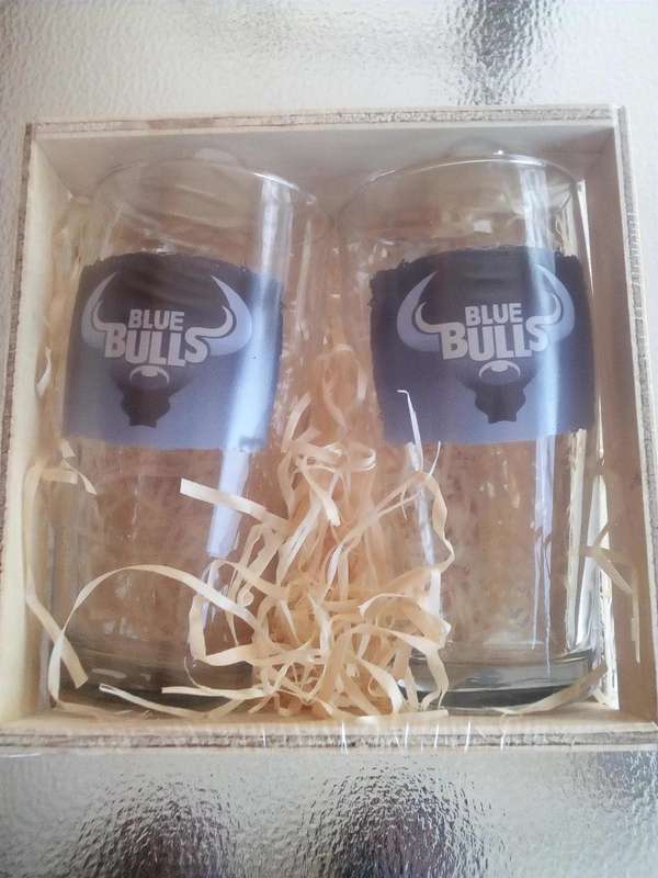 Blue Bulls Rugby Twin Willy Glasses Gift Set in a Wooden Crate. Brand New. Collections are allowed.