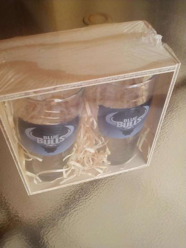Blue Bulls Rugby Twin Willy Glasses Gift Set in a Wooden Crate. Brand New. Collections are allowed.