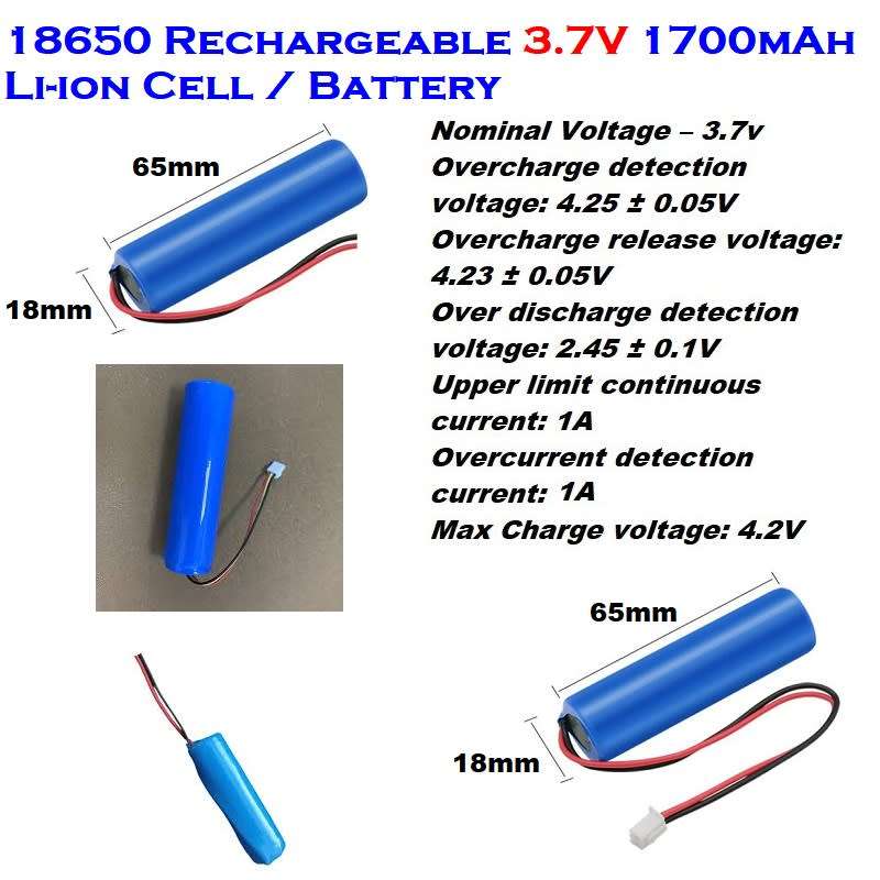 Wired Rechargeable 18650 Battery/Cell 3.7V 1700mAh. With Or Without JST XH Plug. Collections Allowed