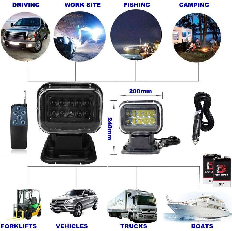LED Remote Controlled 360° Rotating Magnetic Base Mount Search Light 12V/24VDC. Collections Allowed.