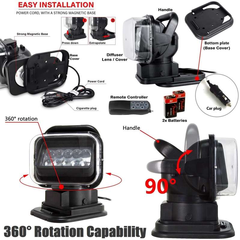 LED Remote Controlled 360° Rotating Magnetic Base Mount Search Light 12V/24VDC. Collections Allowed.