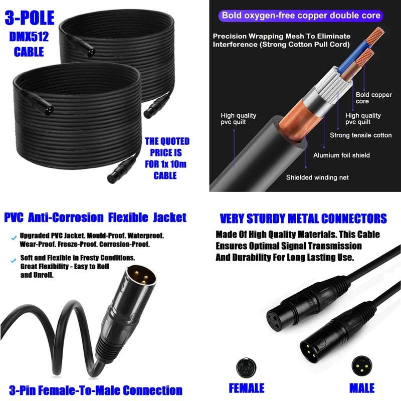 DMX512 Cable 3-Pin 10metres XLR Male Female for Audio, Sound, Visual Equipment. Collections Allowed.