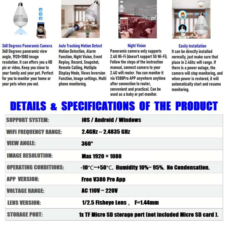 Full HD LED Bulb Mini WiFi Spy Camera 360° with 2-Way Audio, Motion Sensor, Night Vision and More.