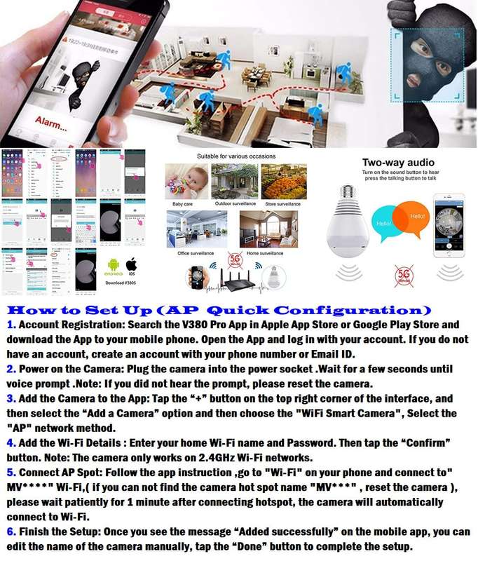 Full HD LED Bulb Mini WiFi Spy Camera 360° with 2-Way Audio, Motion Sensor, Night Vision and More.