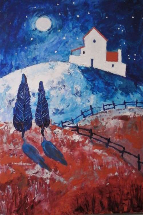 farmhouse in the moonlight
