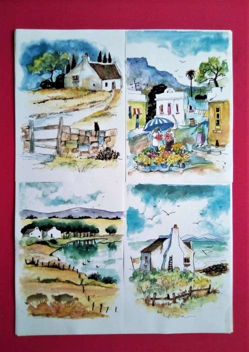 4 greeting cards with south african scenes watercolour