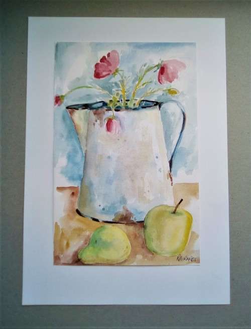 vintage enamel jug with flowers and fruit