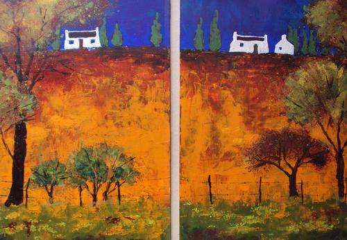 two paintings - cottages on a hillside