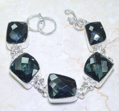 CHECKERBOARD CUT DARK IOLITE BLUE NATURAL GEMSTONE 925 SILVER BRACELET 7.5-8.25"