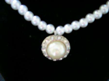 Pearl and diamante pendant on glass pearl necklace