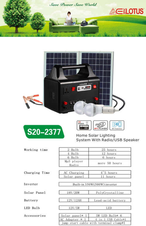 Everlotus Home Solar Lighting System with Inverter (Plug-point) and Built-In Bluetooth Speaker - 20W
