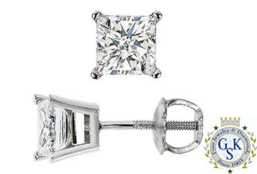 R45000 - EXQUISITE 1.02 CT PRINCESS 14K DIAMOND STUD EARRINGS **CERTIFICATE INCLUDED**