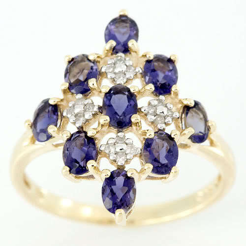 1.78CT GENUINE IOLITE & 16 DIAMOND 9CT SOLID GOLD RING