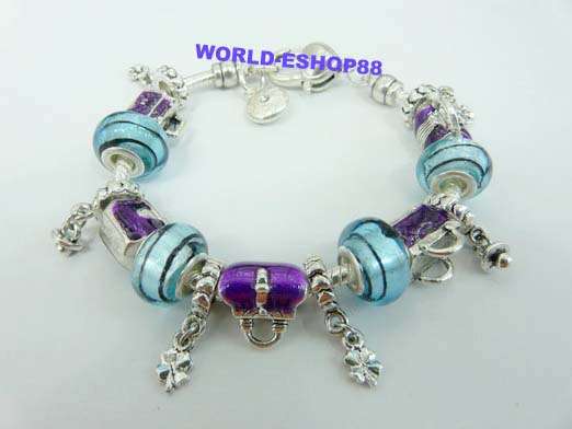 ***UNIQUE*** Sterling Silver Pardora Bracelet with handbag charms - Purple and Turqoise