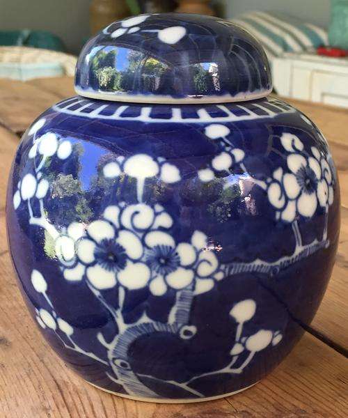 Indigo blue hand painted ginger jar with lid