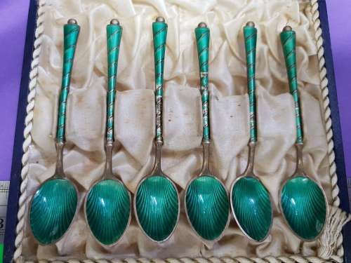 Vintage Sterling ELA Denmark Demitasse, Gold wash, green enamel spoon set