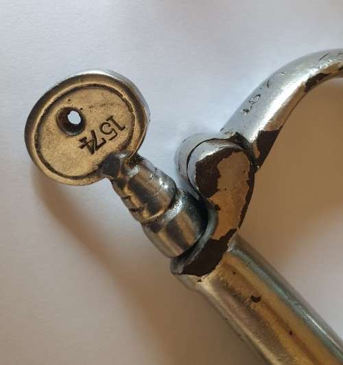 1951 RCS (Ruben Craddock & Sons) handcuffs - marked 1574, 2 screw tipe keys, do not lock
